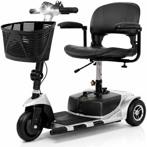3 Wheel Mobility Scooter - Electric Powered Mobile Wheelchair Device for Adults - Folding, Collapsible and Compact for Travel - Long Range Power Extended Battery with Charger and Basket Included