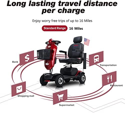 Metro Mobility 4 Wheel Foldable Mobility Scooter for Adults - 300 lbs Capacity Powered Mobility Scooters for Seniors, Travel - USB Charging Port & 2 Cup Holders - Red - Image 2
