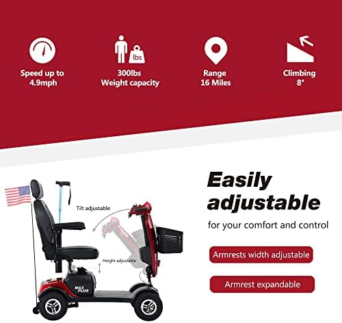 Metro Mobility 4 Wheel Foldable Mobility Scooter for Adults - 300 lbs Capacity Powered Mobility Scooters for Seniors, Travel - USB Charging Port & 2 Cup Holders - Red - Image 5