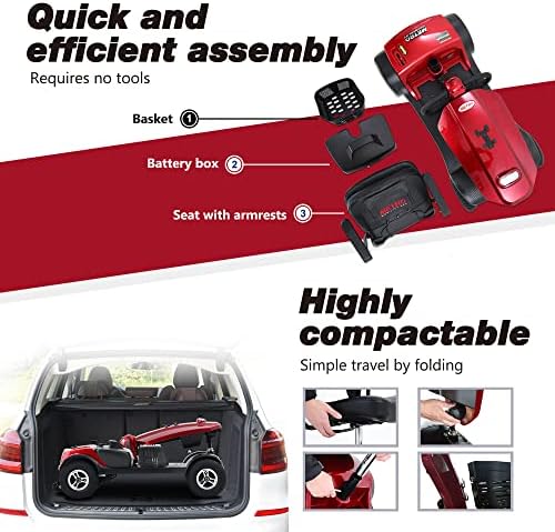 Metro Mobility 4 Wheel Foldable Mobility Scooter for Adults - 300 lbs Capacity Powered Mobility Scooters for Seniors, Travel - USB Charging Port & 2 Cup Holders - Red - Image 7