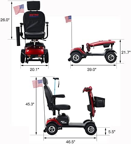 Metro Mobility 4 Wheel Foldable Mobility Scooter for Adults - 300 lbs Capacity Powered Mobility Scooters for Seniors, Travel - USB Charging Port & 2 Cup Holders - Red - Image 6
