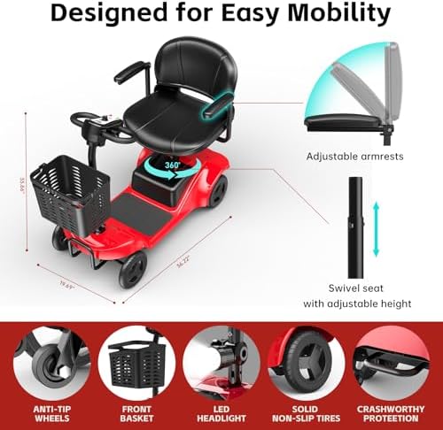 Mobility Scooter for Adults,4 Wheel Mobility Scooter,15 Miles Range,300LBS Capacity,Lightweight and Portable,with LED Headlights and Basket,Charger Included,Gifts Suitable for Elders (Red) - Image 3