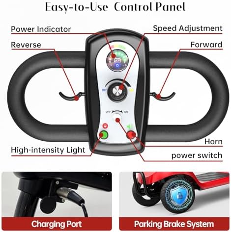 Mobility Scooter for Adults,4 Wheel Mobility Scooter,15 Miles Range,300LBS Capacity,Lightweight and Portable,with LED Headlights and Basket,Charger Included,Gifts Suitable for Elders (Red) - Image 4