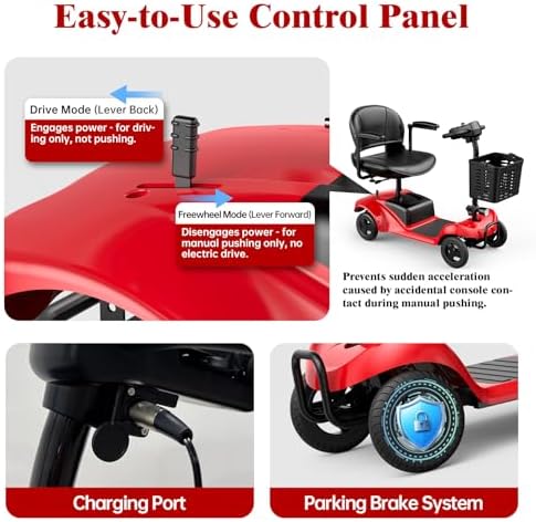 Mobility Scooter for Adults,4 Wheel Mobility Scooter,15 Miles Range,300LBS Capacity,Lightweight and Portable,with LED Headlights and Basket,Charger Included,Gifts Suitable for Elders (Red) - Image 7