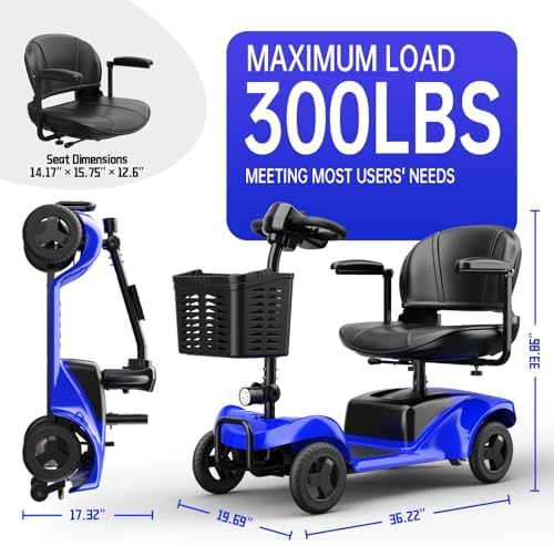 Mobility Scooter for Adults,4 Wheel Mobility Scooter,15 Miles Range,300WH Battery,300LBS Capacity,Lightweight and Portable,with LED Headlights and Basket,Charger Included (Blue) - Image 6