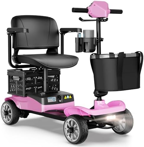Foldable Mobility Scooter for Adults Elderly– 4-Wheel Portable Motorized Scooter with 330 lbs Capacity, Detachable Battery, Dual Baskets, Cup & Phone Holder, Pink