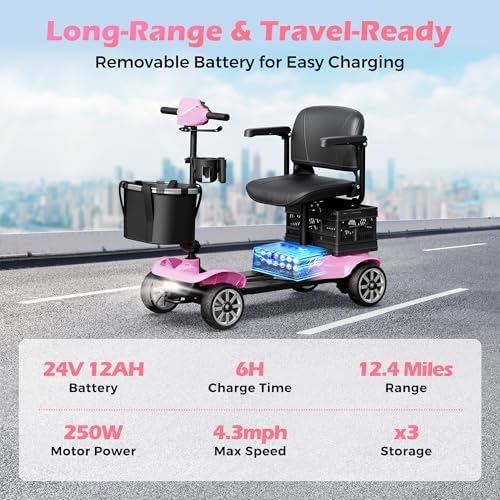 Foldable Mobility Scooter for Adults Elderly– 4-Wheel Portable Motorized Scooter with 330 lbs Capacity, Detachable Battery, Dual Baskets, Cup & Phone Holder, Pink - Image 2