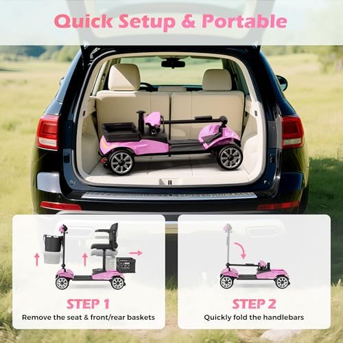 Foldable Mobility Scooter for Adults Elderly– 4-Wheel Portable Motorized Scooter with 330 lbs Capacity, Detachable Battery, Dual Baskets, Cup & Phone Holder, Pink - Image 3