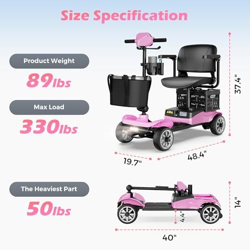 Foldable Mobility Scooter for Adults Elderly– 4-Wheel Portable Motorized Scooter with 330 lbs Capacity, Detachable Battery, Dual Baskets, Cup & Phone Holder, Pink - Image 4