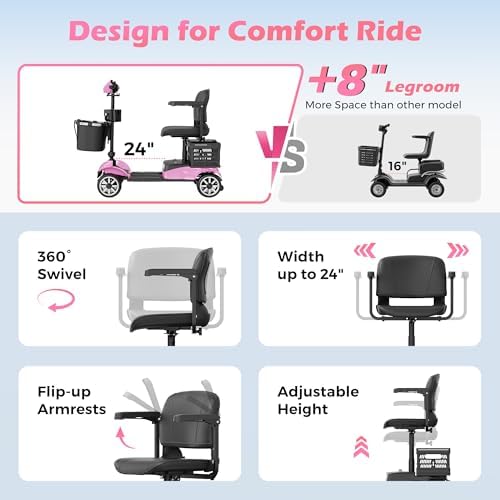 Foldable Mobility Scooter for Adults Elderly– 4-Wheel Portable Motorized Scooter with 330 lbs Capacity, Detachable Battery, Dual Baskets, Cup & Phone Holder, Pink - Image 7