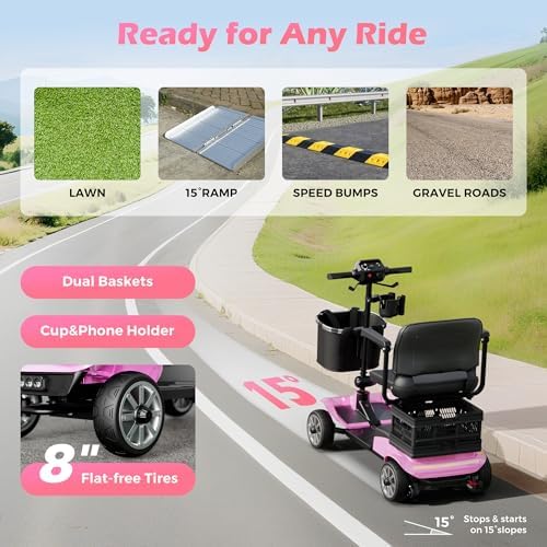 Foldable Mobility Scooter for Adults Elderly– 4-Wheel Portable Motorized Scooter with 330 lbs Capacity, Detachable Battery, Dual Baskets, Cup & Phone Holder, Pink - Image 5