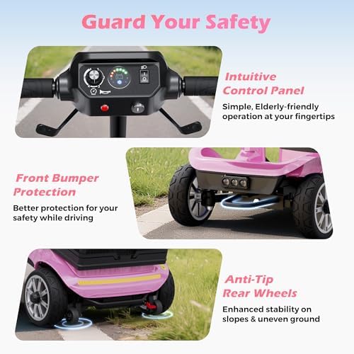 Foldable Mobility Scooter for Adults Elderly– 4-Wheel Portable Motorized Scooter with 330 lbs Capacity, Detachable Battery, Dual Baskets, Cup & Phone Holder, Pink - Image 6